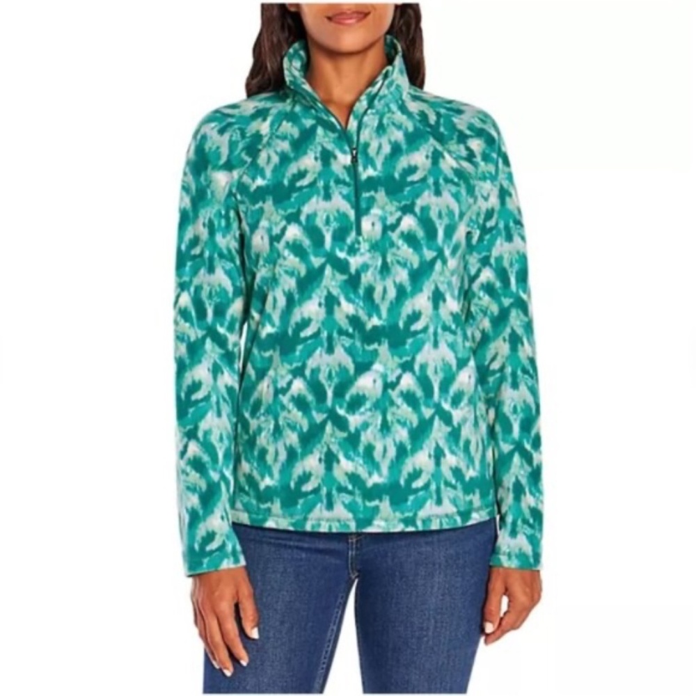 Eddie Bauer Green and White Polar Fleece 1/4 Zip Pullover Top Size Medium